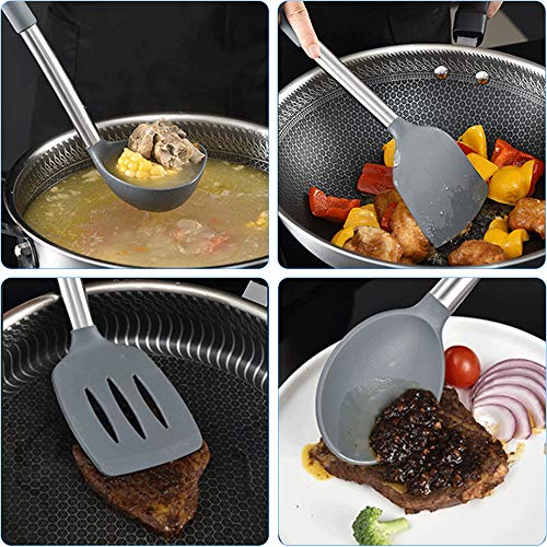 Silicone Kitchen Cooking Utensil Set,25PCS Kitchen Utensils with Holder,Heat-Resistant Non-Stick BPA-Free Stainless Steel Handle Silicone Spoons Spatula Turner Whisk Tongs Cooking Tools - Grey