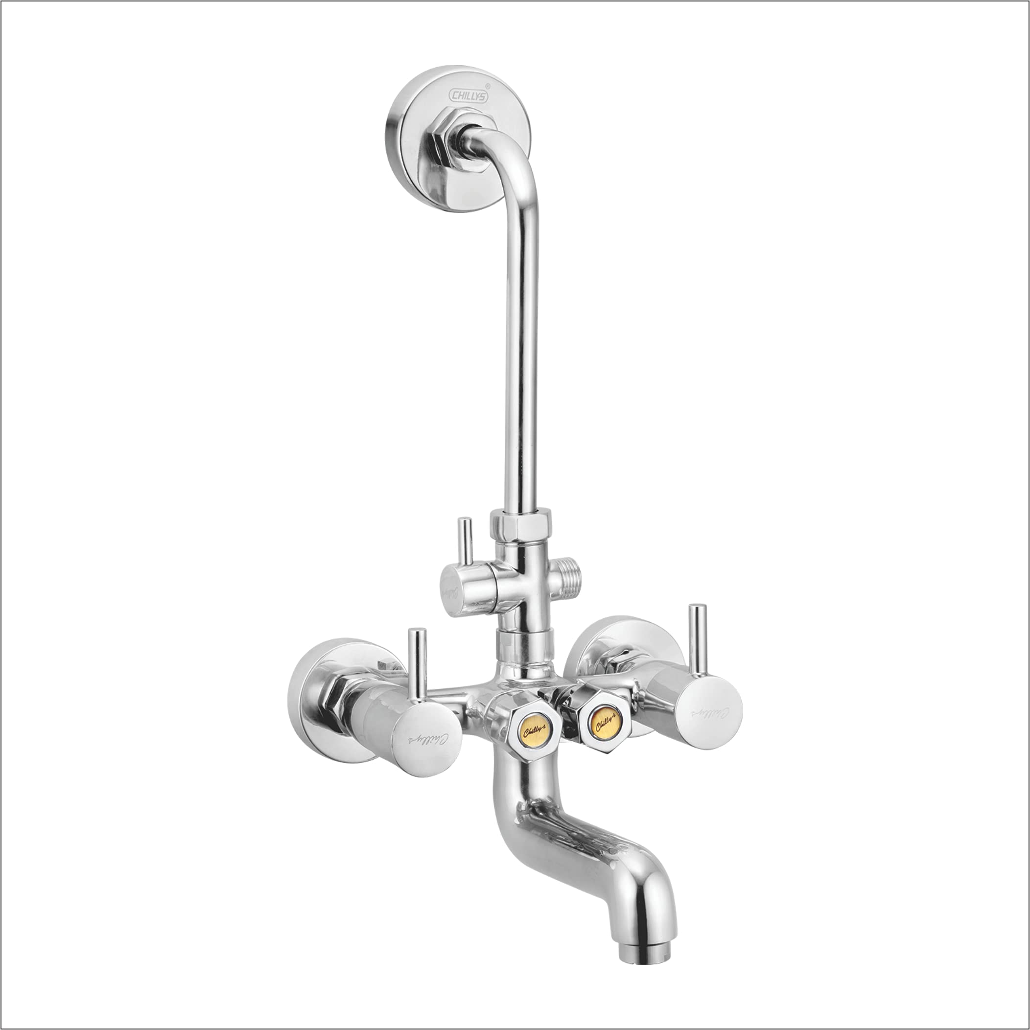 CHILLY-S Brass Wall Mixer 3-in-1 System with Provision for Over Head Shower and 125 mm Long Bend Pipe | Connecting Legs and Wall Flanges | Wall Mounted | Heavy Duty | Chrome Finish (Delta)