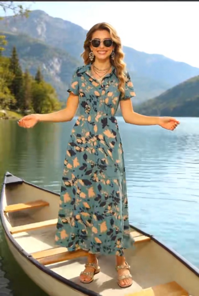 Kranda Summer Dresses for Women 2026 Spring Collared V-Neck Short Sleeve  Button Down Casual Swing Flowy Long Beach Chiffon Boho Floral Maxi Dress  with Pockets Aqua Green Leaf,Small at Amazon Women's Clothing