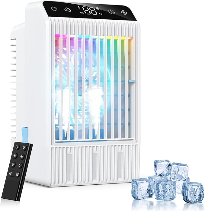 Aire Acondicionado Portatil con Pantalla, Climatizador Evaporativo 4 EN1 De 1000 Ml Tanque, con Mando, Mini Enfriador de Aire con Doble PulverizacióN y Luz de 7 Colores, Temporizadores de 2-12 H