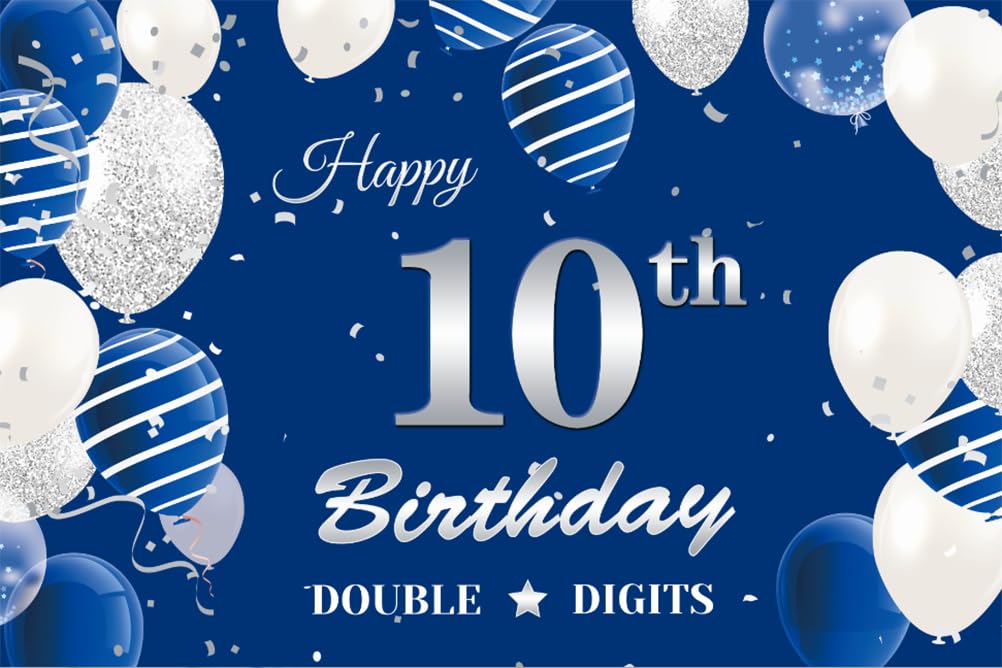 10. Geburtstag Hintergrund Banner – Marineblau/Silber, 1,4 X 1,2 M, Stoff, Für Jungen-Party & Fotohintergrund