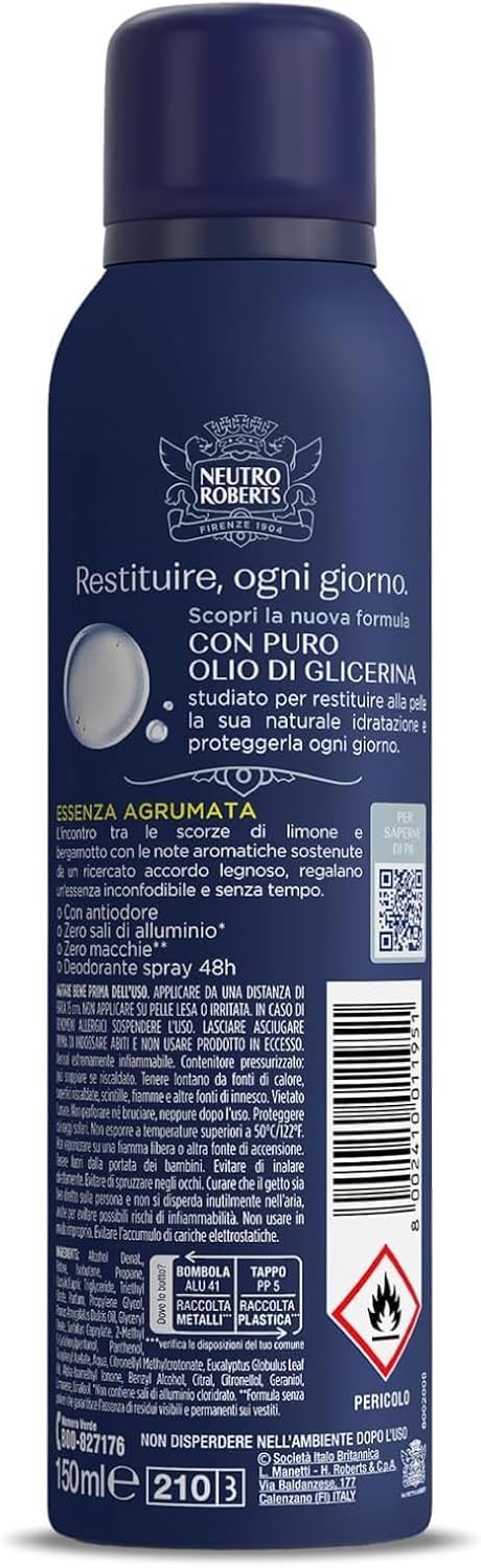 12X Neutro Roberts Uomo Deodorant Spray Fresco, Essenza Agrumata, Zero Sali, 48h Schutz, 150ml,+ Italy Shop Service Kostenloser Schlüsselanhänger
