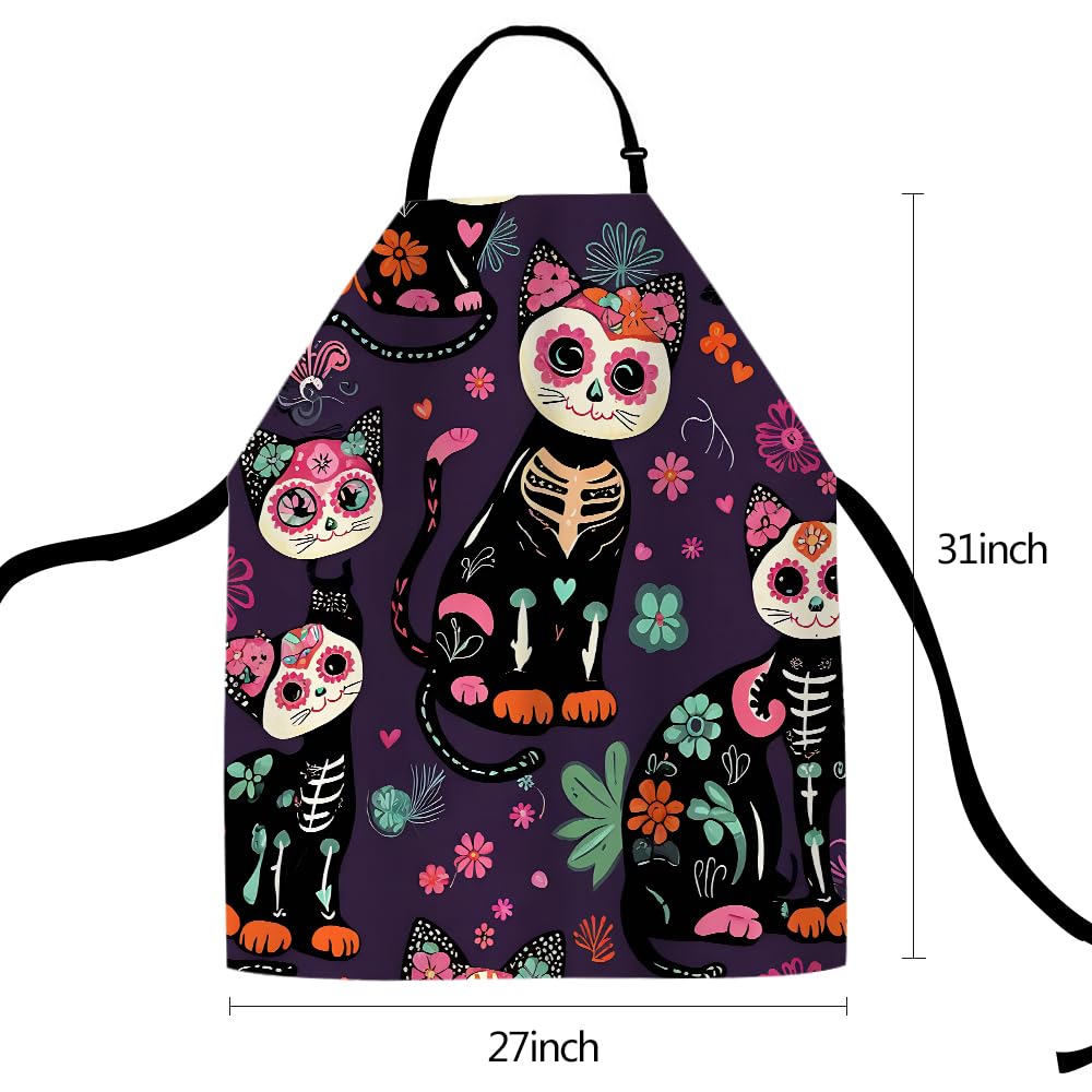 Delantal de cocina con dibujos animados de gatos, color verde, delantal de cocinero impermeable para mujeres y hombres, 31 x 27 pulgadas
