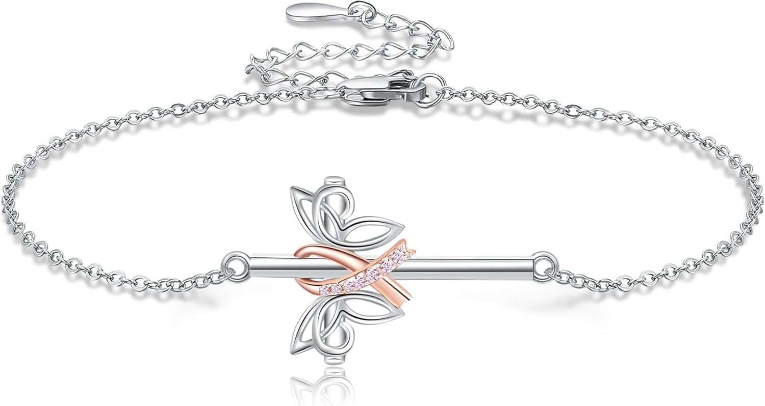 Breast Cancer Bracelets 925 Sterling Silver Pink Ribbon Cross Butterfly Pendant Bracelets Breast Cancer Jewelry Breast Cancer Survivor Awareness Christmas Gifts For Women