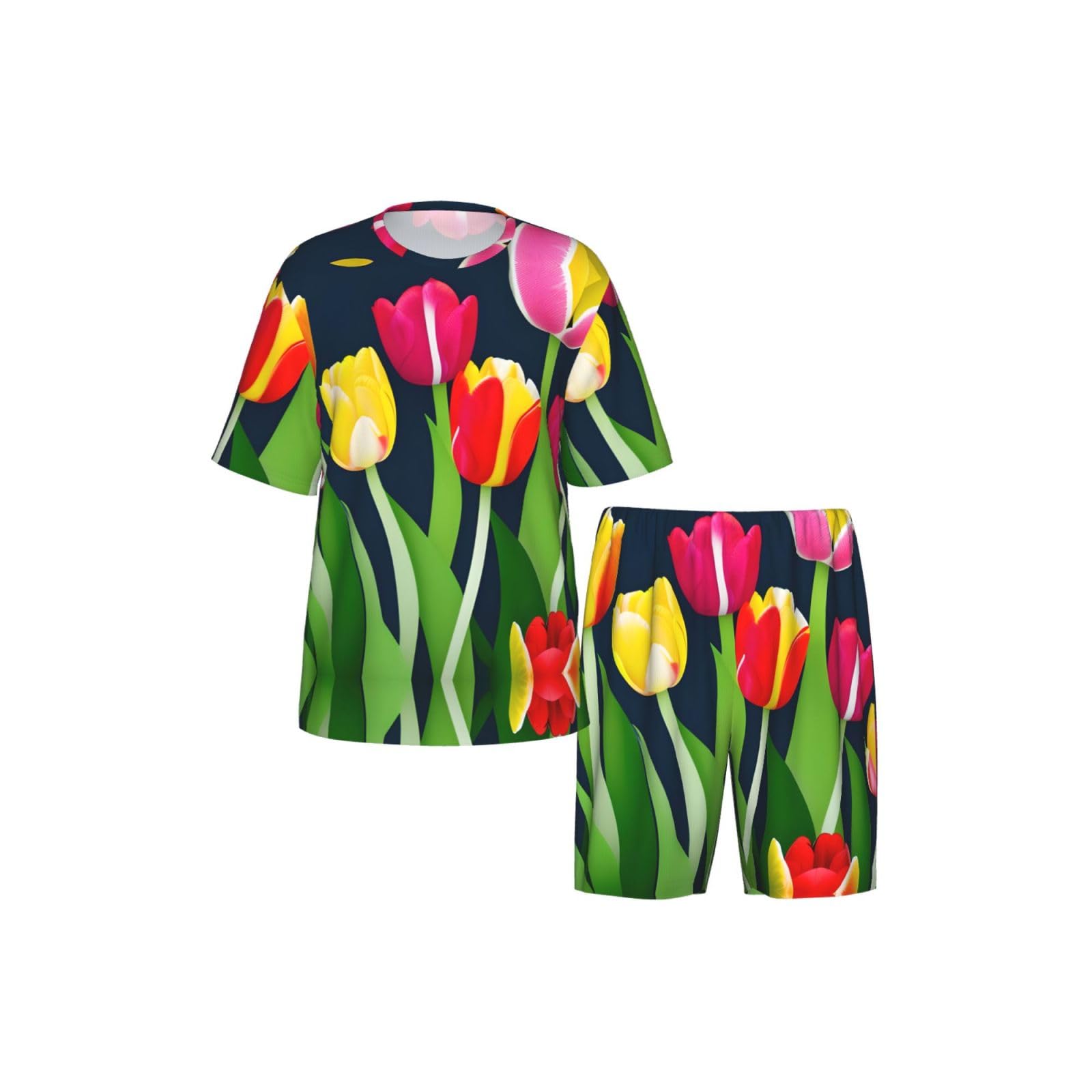 Set pigiama classico da uomo con stampa a tulipani colorati, pantaloncini morbidi da uomo, perfetti per le notti estive