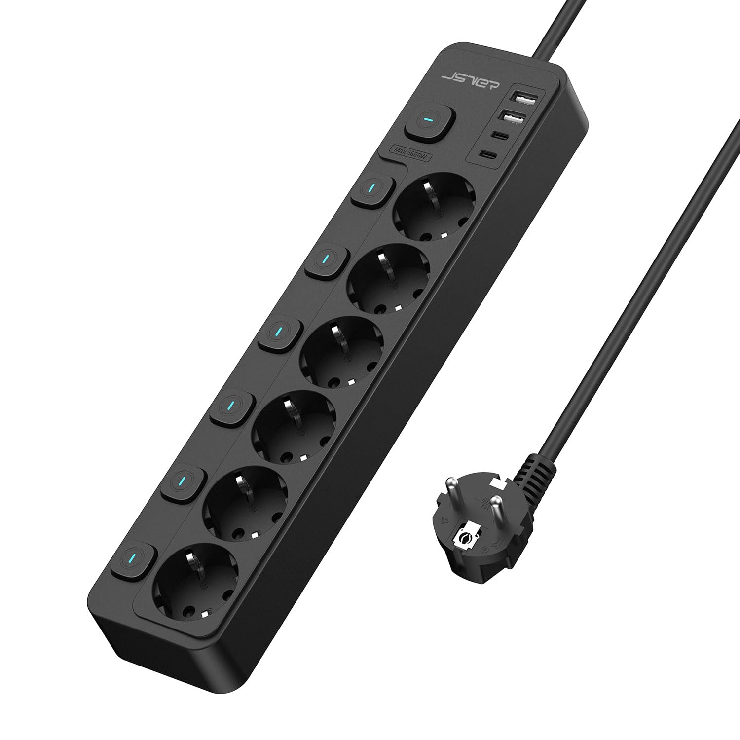 JSVER Regleta con Conmutación Individual, Enchufe Múltiple de 6 Tomas con 2 USB C&2 A, Regleta USB C(3680 W 16 A) para Oficina, Hogar o Viajes, Cable de 2 m
