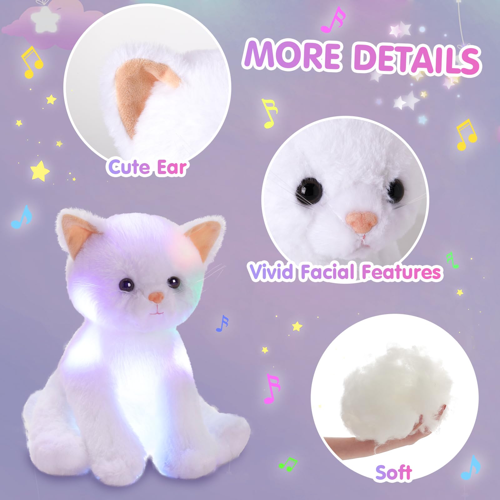 Houwsbaby LED Light Up Musical Kitty Plush Toy - Glow In Dark, Sings 8 Songs, 29cm White