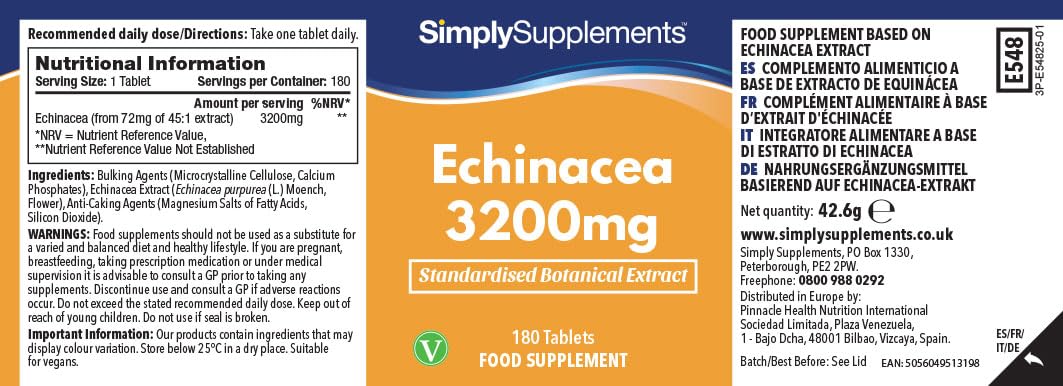 Echinacea 3200mg - 180 Tabletten - Geeignet für Veganer - Versorgung für 6 Monate - SimplySupplements