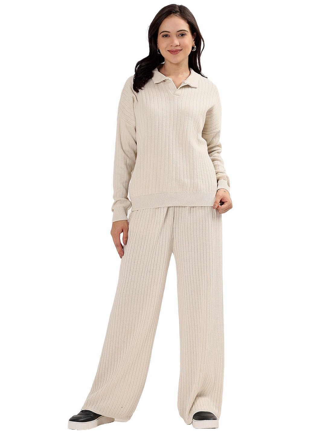 Kvetoo Winter Cord Set for Women Ribbed Knit Tracksuit Pajama Set Two Piece Travel Wear with Collar Polo Sweater Top and Wide Leg Pant Cream Size Large-picture-11