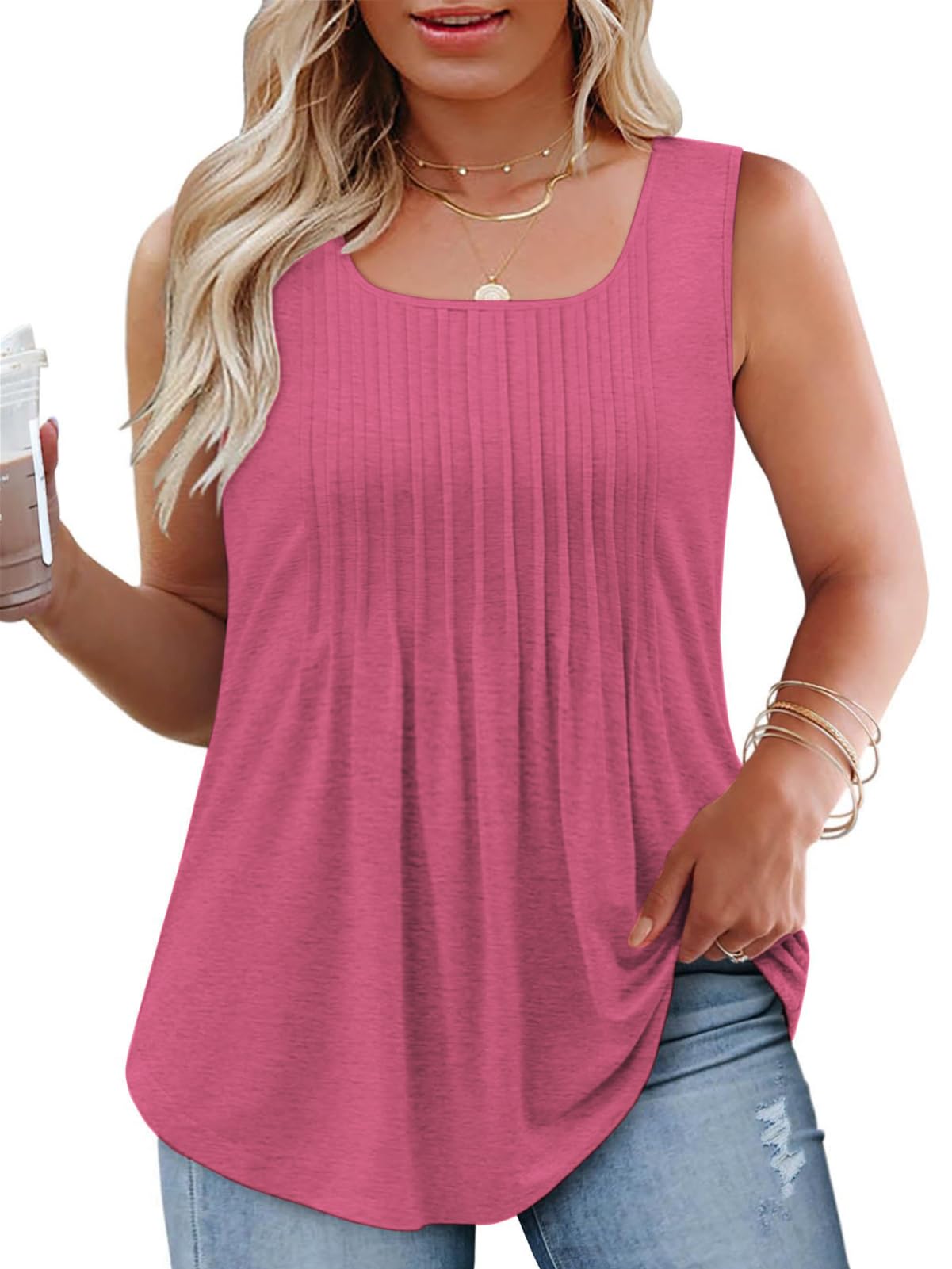 VISLILY Plus-Size-Tank-Tops for Women Summer Pleated Square Neck Tunics Loose Fit Casual Flowy Sleeveless Shirts 1X-5X