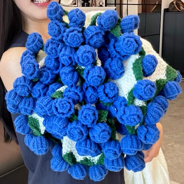 Crochet Flowers Bouquet Blanket Handmade Rose Blanket Lightweight Romantic Gifts for Birthday Home Decor Finished Product Blue 63