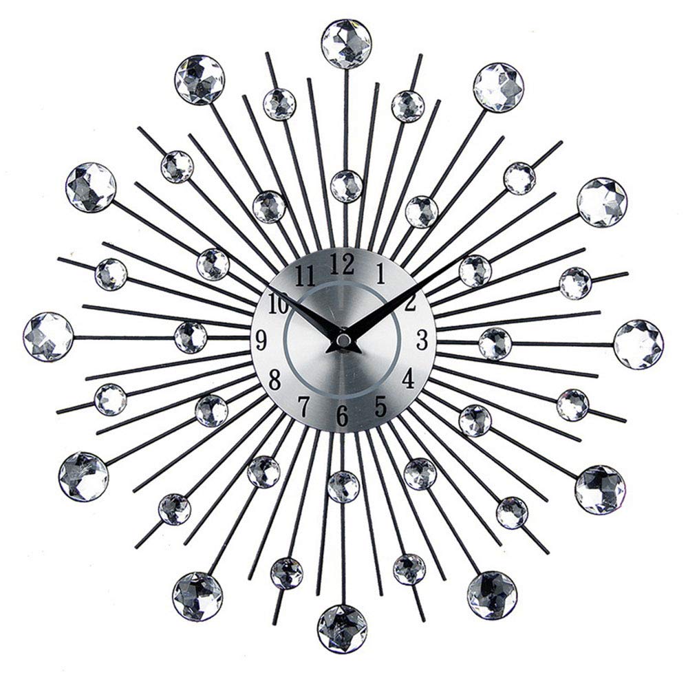 3D Wall Clock Removable Sparkling Bling Diamante Silent Metallic Silver Beaded Round Diamond Design Hanging Crystal Decor for Living Room Office Bedroom,Sofa Background Painting Wall Watches