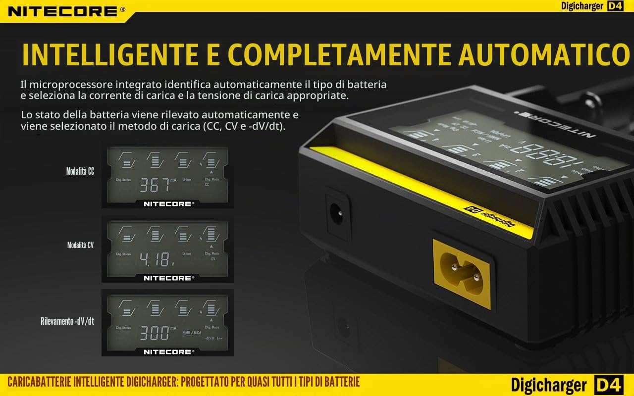 Nitecore - Caricabatterie Universale Digicharger D4 per Li-Ion, IMR, NiMH, Ni-CD, LiFePO4