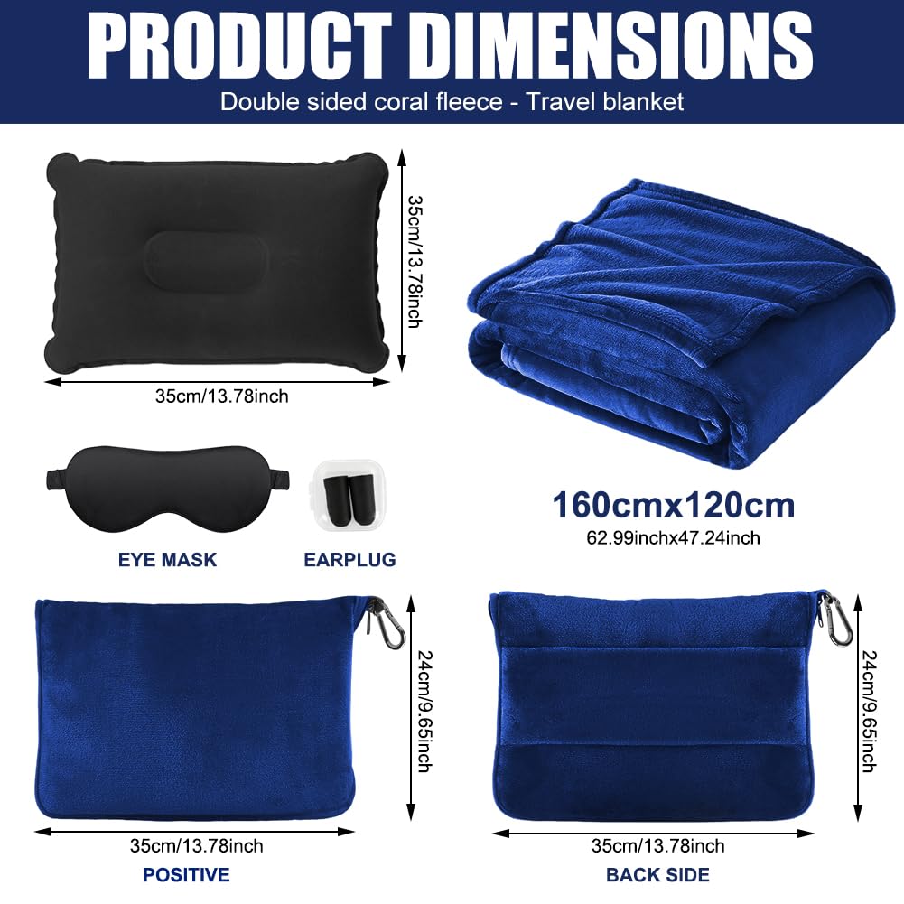 Reisedecke Kissen Decke 3 in 1, Reisedecke Ultraleicht Warm Decke Auto 152 x 127 cm, Verwandlungskissen Flugzeug Kissen mit Hülle, Gepäckhülle, Augenmaske, Ohrstöpseln (Set-Marineblau)