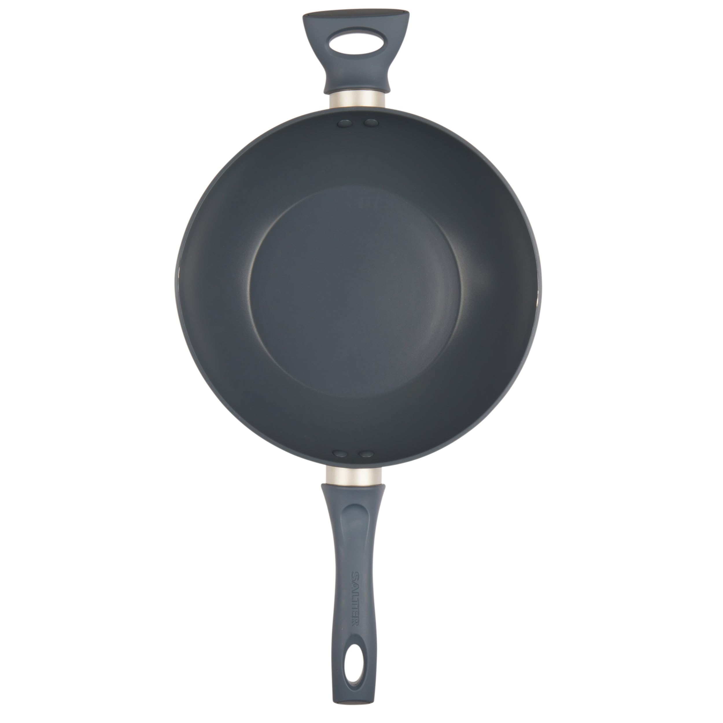 Salter BW12267EU7 Wok antiadherente de 28 cm - Sartén para freír, apto para inducción, incluye tapa y rejillas de ventilación de vidrio templado, poco/sin aceite, sin PFOA, azul gris