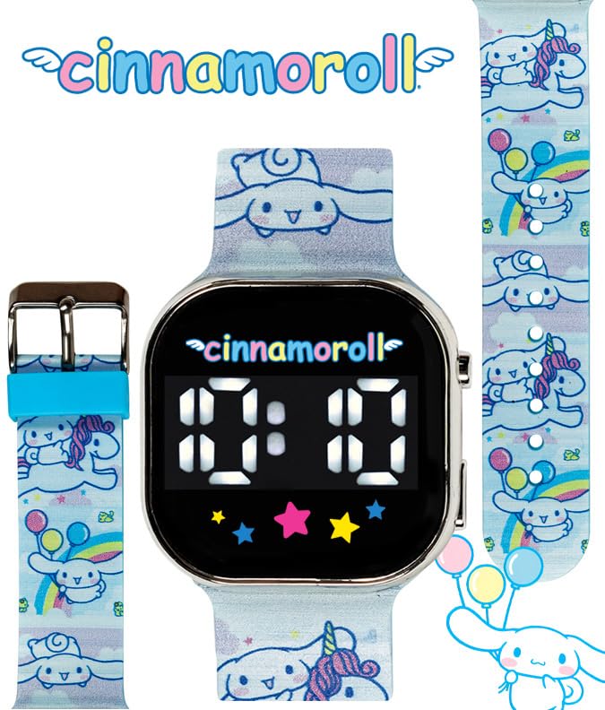 accutime cinnamoroll kids watch  led display square case adjustable plastic strap collectible tin  perfect for girls who love cute characters