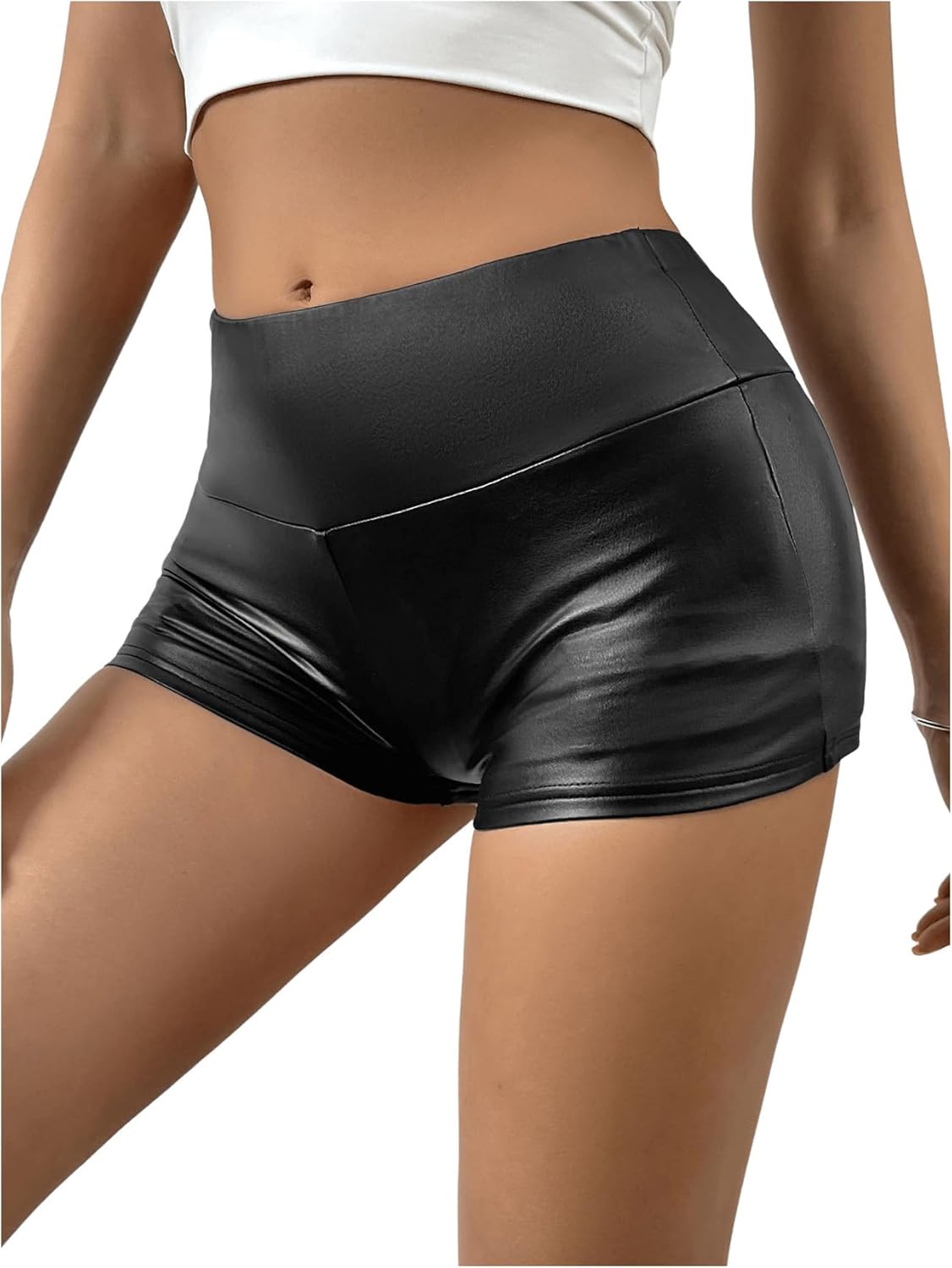 WDIRARA Women's PU Leather Skinny Shorts Low Waisted Biker Shorts