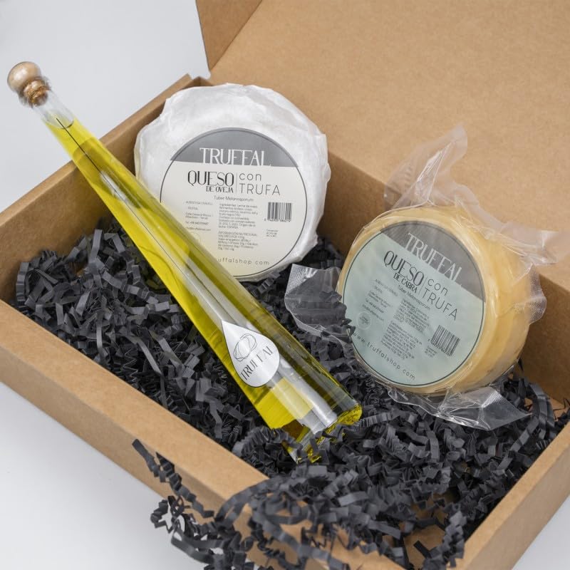 Lote de productos con Trufa Negra, Tuber Melanosporum, " Adictos al queso", incluye Queso de oveja con Trufa Negra, Queso de cabra con Trufa Negra y Condimento de Aceite de Oliva Virgen con Trufa.