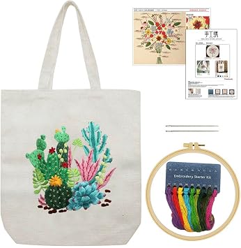 KABAKE Canvas Tote Bag Embroidery Kit for Beginners, Arts and DIY Crafts Starter Kit, Includes Stamped Bag, Threads, Tools Beige With Cactus