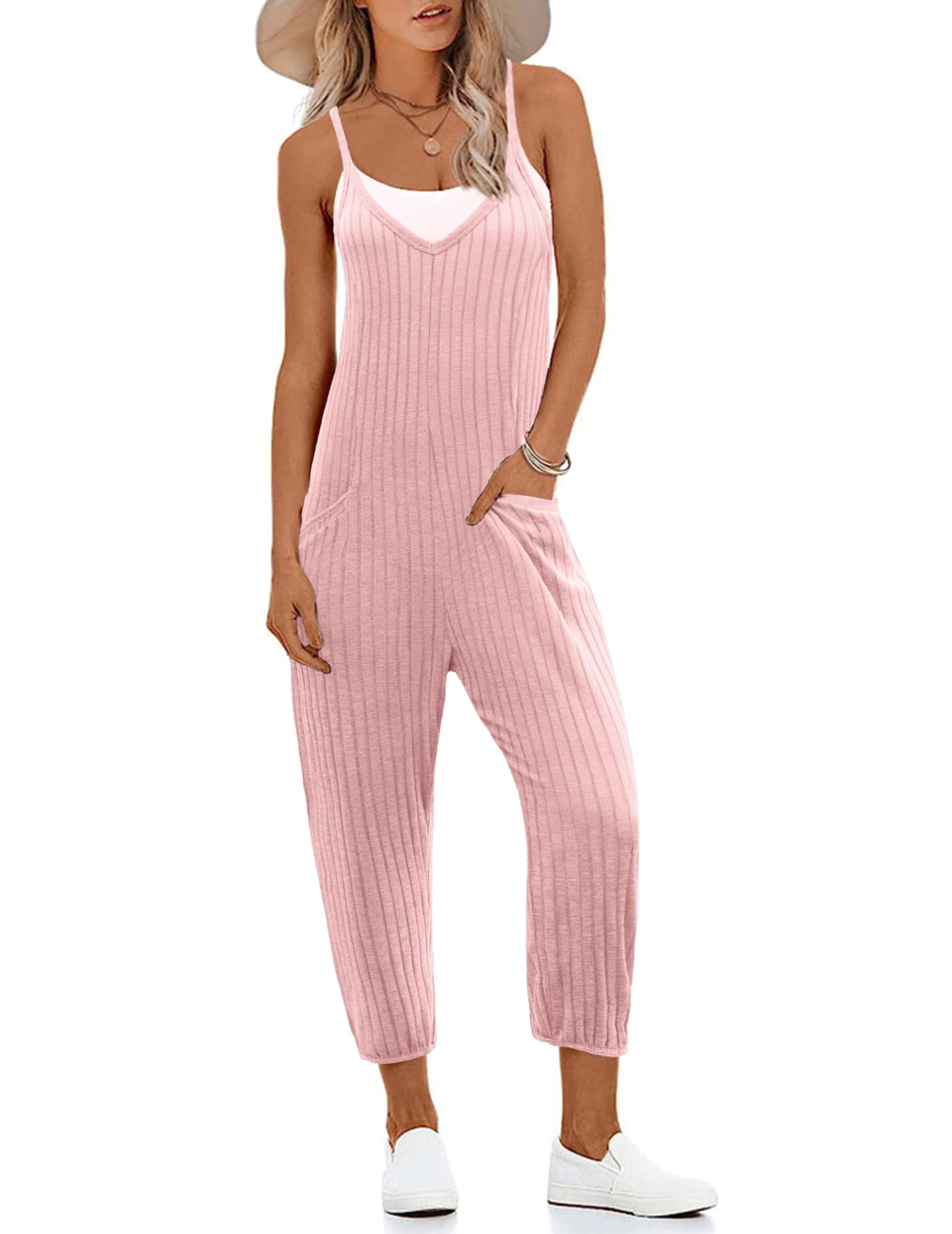 Ekouaer Women's Sleeveless Jumpsuits Ribbed Adjustable Spaghetti Strap Romper Jumpsuit, Large, Pink