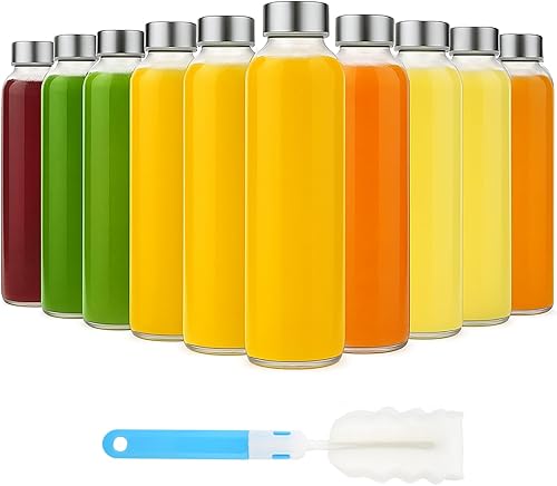 Sursip Botellas de agua de vidrio de 18 onzas con tapas, botellas de jugo, botella de jugo de vidrio transparente para jugo, botellas de jugo de