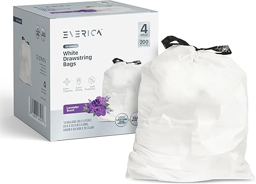 Miniatura 1 de EVERICA Bolsas de basura blancas de alta calidad con cordón de 13 galones con cordón para cocina, cierre fuerte, perfumadas de lavanda y resistentes