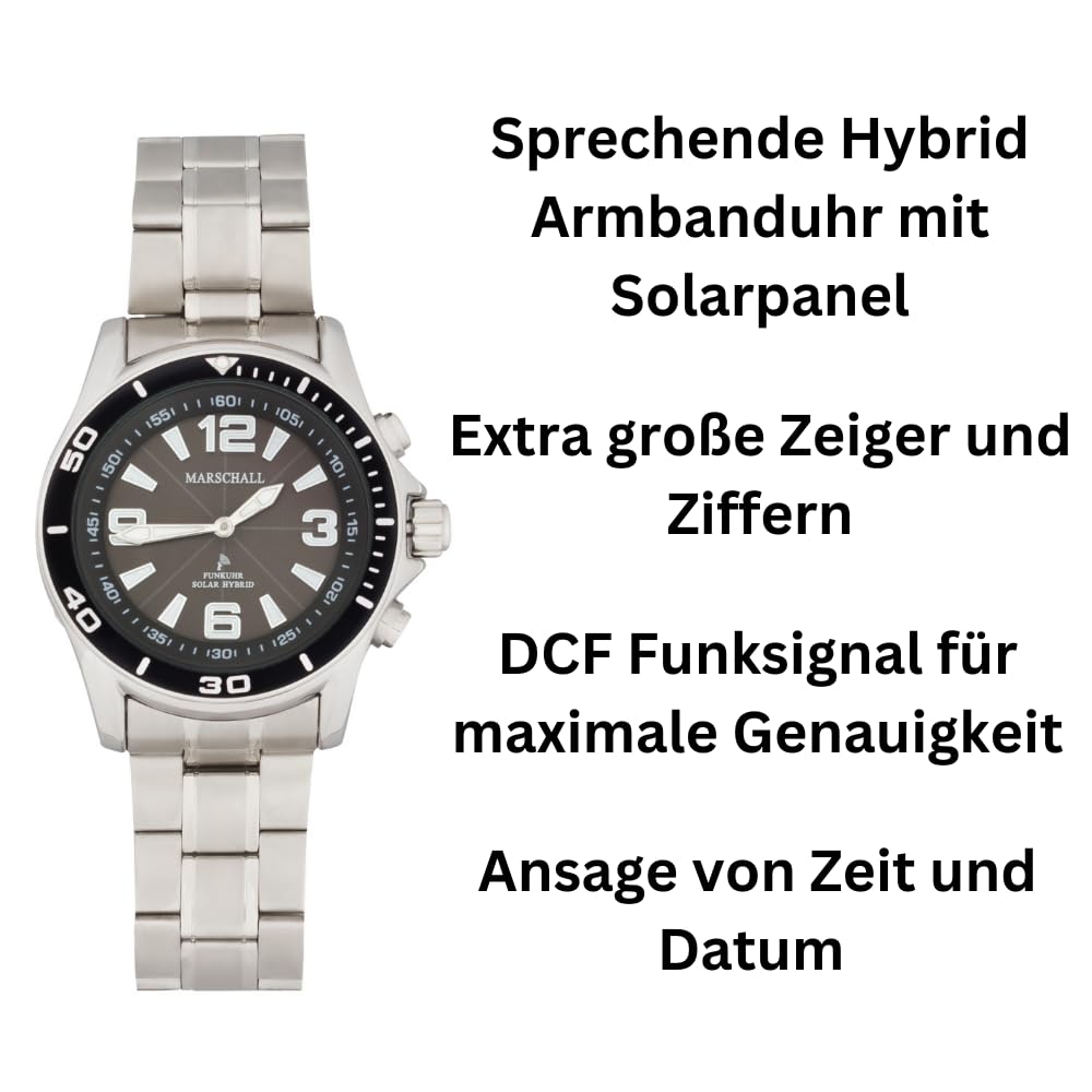 Marschall Deutsch sprechende Herren Armbanduhr I Mit Solarpanel I 1146s I Funkarmbanduhr I Für Blinde, Senioren und Demenzkranke I Datum- und Zeitansage I Vario-Edelstahlarmband