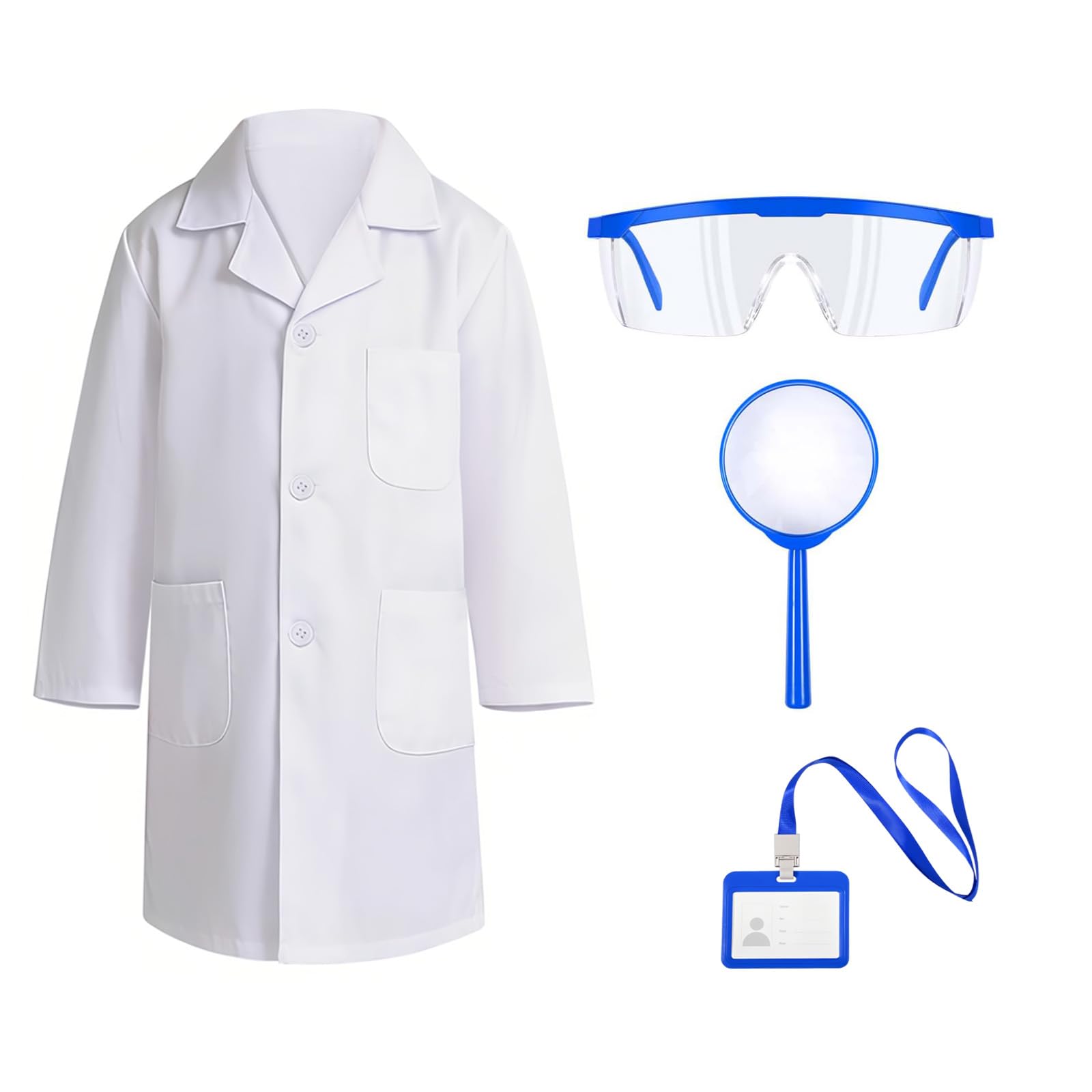 YEVON 4 Pcs Scientist Costume Set – White Lab Coat with Goggles ID Card Lanyard and Magnifier – Science Theme Fancy Dress Outfit for School Event Party Costume