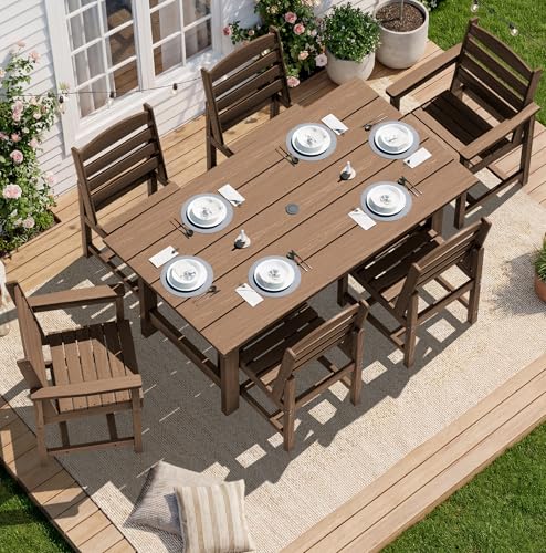 Image of SERWALL Patio Dining Sets for 10 Person, HDPE Dining Set with 2 Tables, 8 Armless Chairs and 2 Armed Dining Chairs, Brown