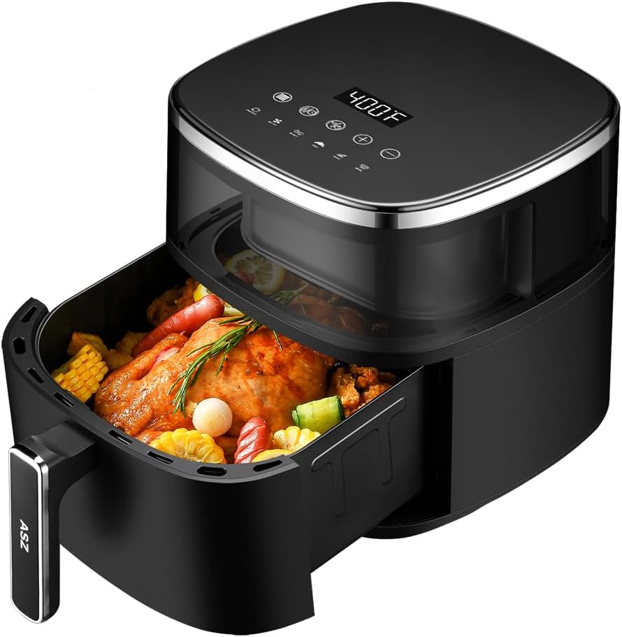 ASZ Digital Air Fryer 6 qt with Window Up - Big Airfryer 6 Presets Preheat Airfry Reheat Bake Roist Broil 400°F Airfrier 85% Oil Less,Nonstick Dishwasher-Safe Parts, Automatic Shutoff 6QT Black