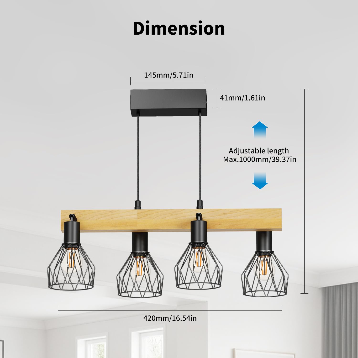 LVWIT Black Hanging Lights,Kitchen Island Lights,Pendant Lighting,Wood Ceiling Light Fitting,4 Way Drop Lights Ceiling,Spotlights Ceiling Lights for Dining Room(E14 Base,NO Bulbs) - Image 4