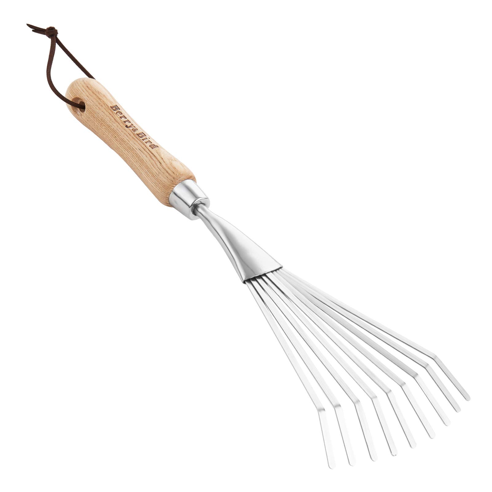 Stainless Steel Hand Shrub Grass Rake, 9 Teeth Fan Lawn Leaf Rake with Wooden Handle, Heavy Duty Gardening Tools for Garden Patio Backyard and Small Places, Sweep, Picking