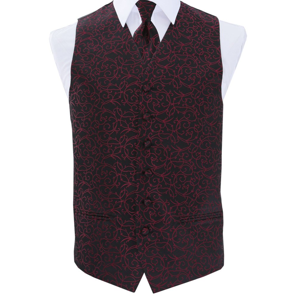 DQT Mens Swirl Floral Jacquard Waistcoat & Tie Set (2pc) - Wedding, Business & Formal - Black and Burgundy 38" (M)