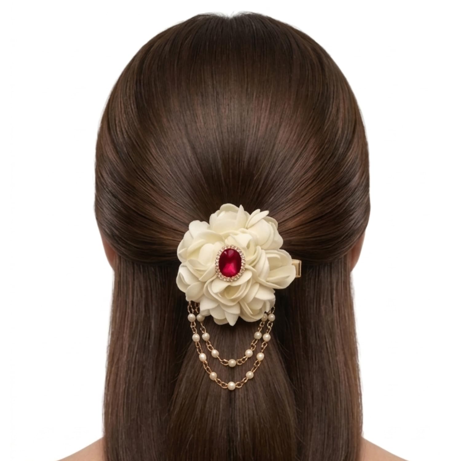 Foam Jasmine Flower Hair Clip with Alligator Clip | Reusable & Washable Artificial Gajra | Long Lasting Hair Accessory with 2 Layer Pearl Chain for Women & Girls | Wedding, Party Occassions-image-19