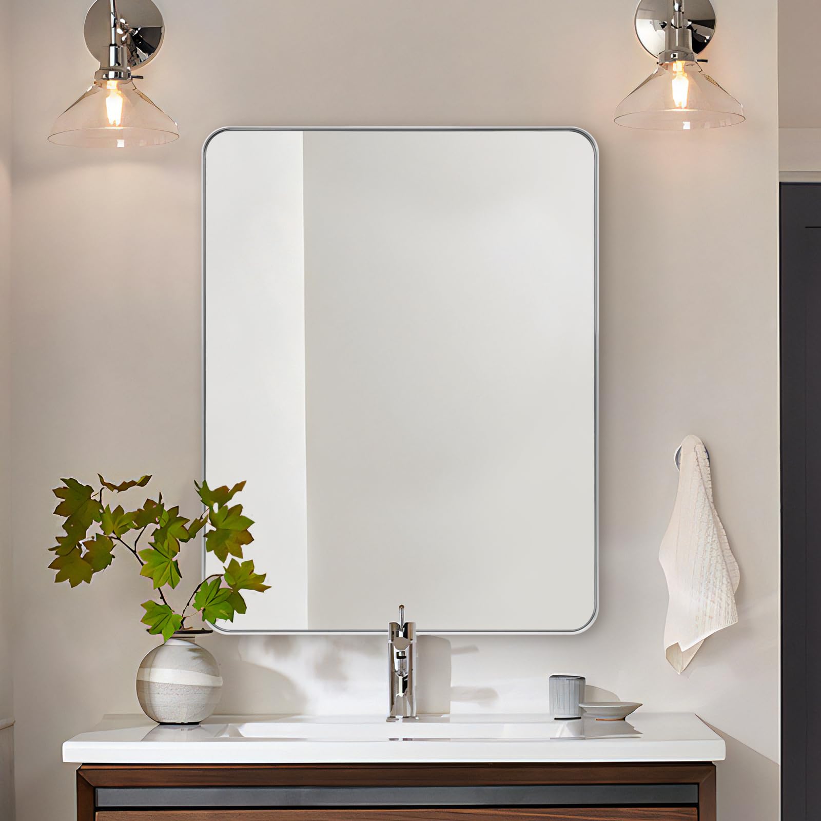 ANDY STAR Brushed Nickel Mirror for Bathroom, Silver Rectangular Vanity Wall Mirror, 28"x36" Modern Non-Rusting Metal Frame SilverBathroom Mirror, Hangs Horizontally or Vertically