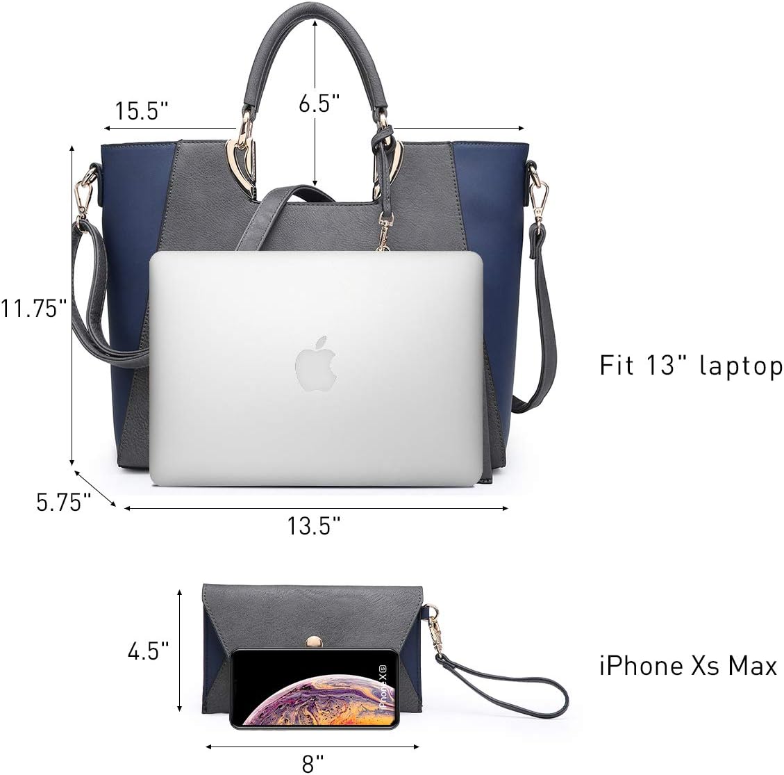Women's Two-Tone Vegan Leather Tote Purse Large Top Handle Satchel Work Bag with Matching Wristlet