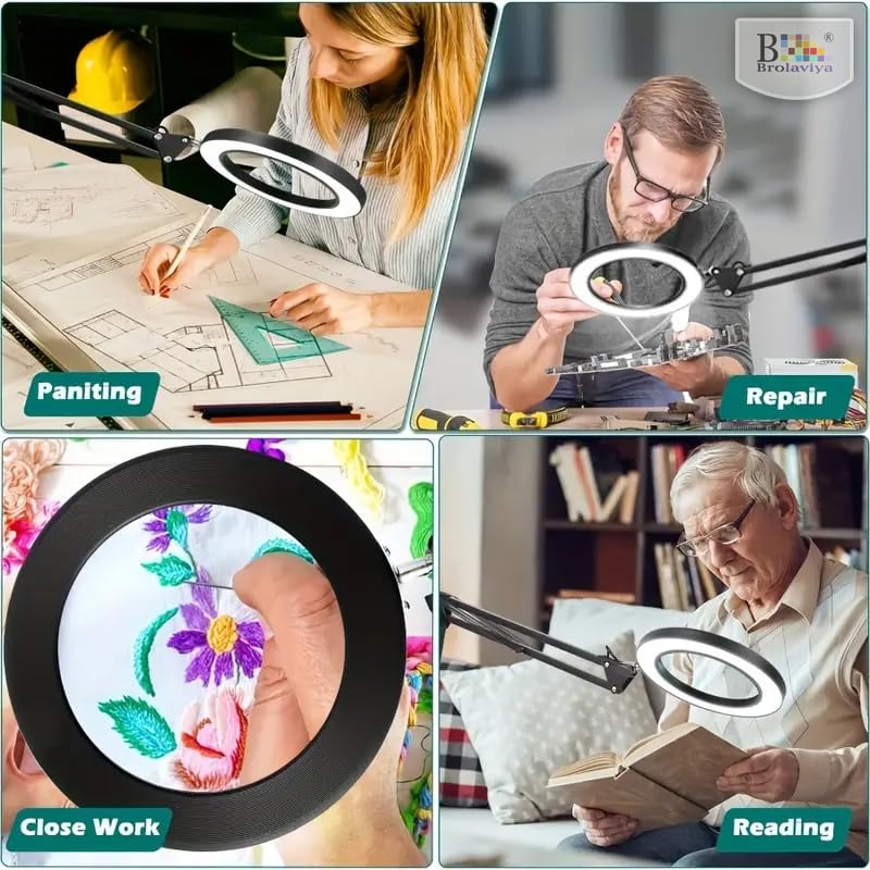 Image of BROLAVIYA Overhead Heavy Base 5X Magnifying Glass with Led Light and Stand, 3 Color Modes Dimmable, Flexible Metal Arm, Magnifier Desk Lamp for Crafts, Makeup, Reading, Photography - Black
