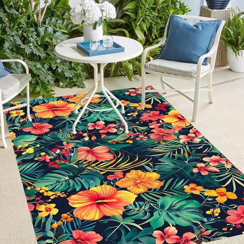 Tropical Floral Outdoor Rug Waterproof Orange Pink Green Boho Rugs 5x7 for Deck Porch Patio Balcony Backyard Washable Outside Area Rugs Thin Non Slip Mats Camping Poolside Garden Vibrant Modern Carpet - Image 3
