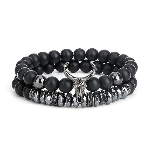 ASHMITA Bead Bracelets for Men Charm Black Bull Matte Onyx