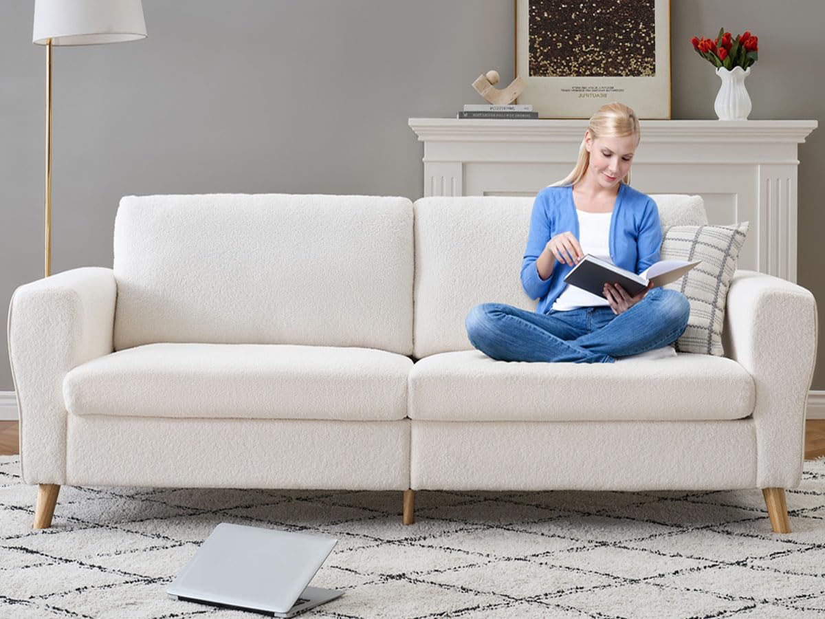 GarveeHome 84" Sofa Couch, Large Loveseat Sofa with Streamlined Armrests & Wood Feet, Modern Boucle Sofa for Living Room, White