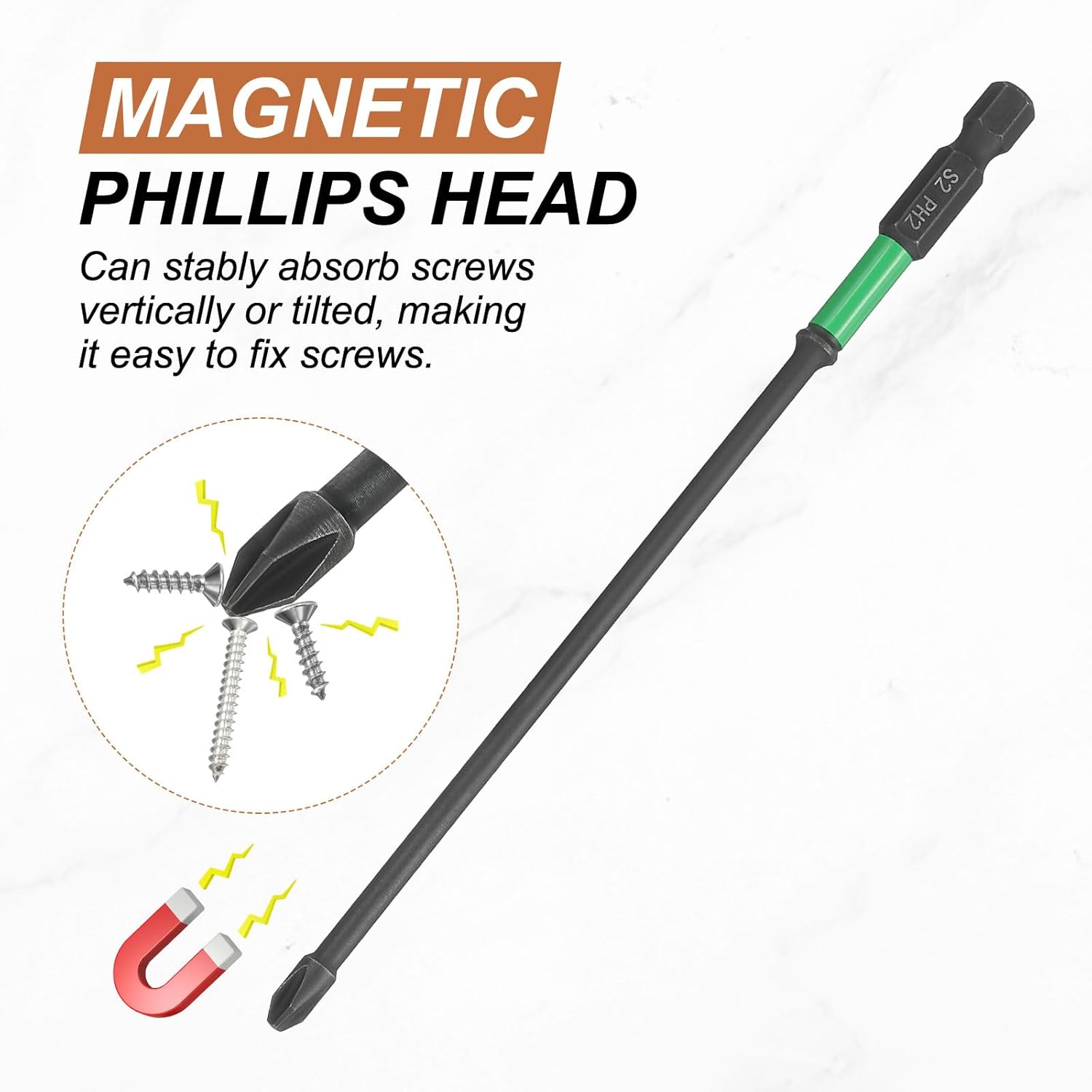HARFINGTON 5pcs #2 Impact Phillips Screwdriver Bit PH2 1/4" Hex Shank 6" (150mm) Length 0.15" Rod Magnetic Cross Head Drill Bits S2 Steel Industrial Screw Drivers for Impact Power Tools