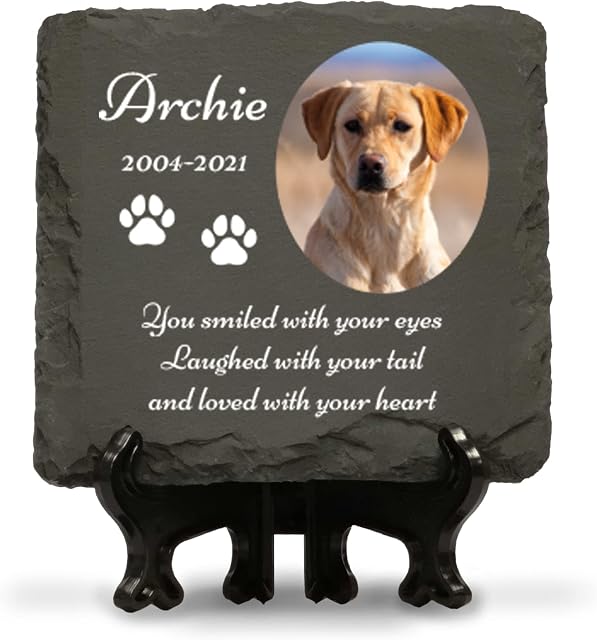Personalised Pet Memorial Plaque with Photo and Text Square Slate for Dog Cat 100mm with Display Stand