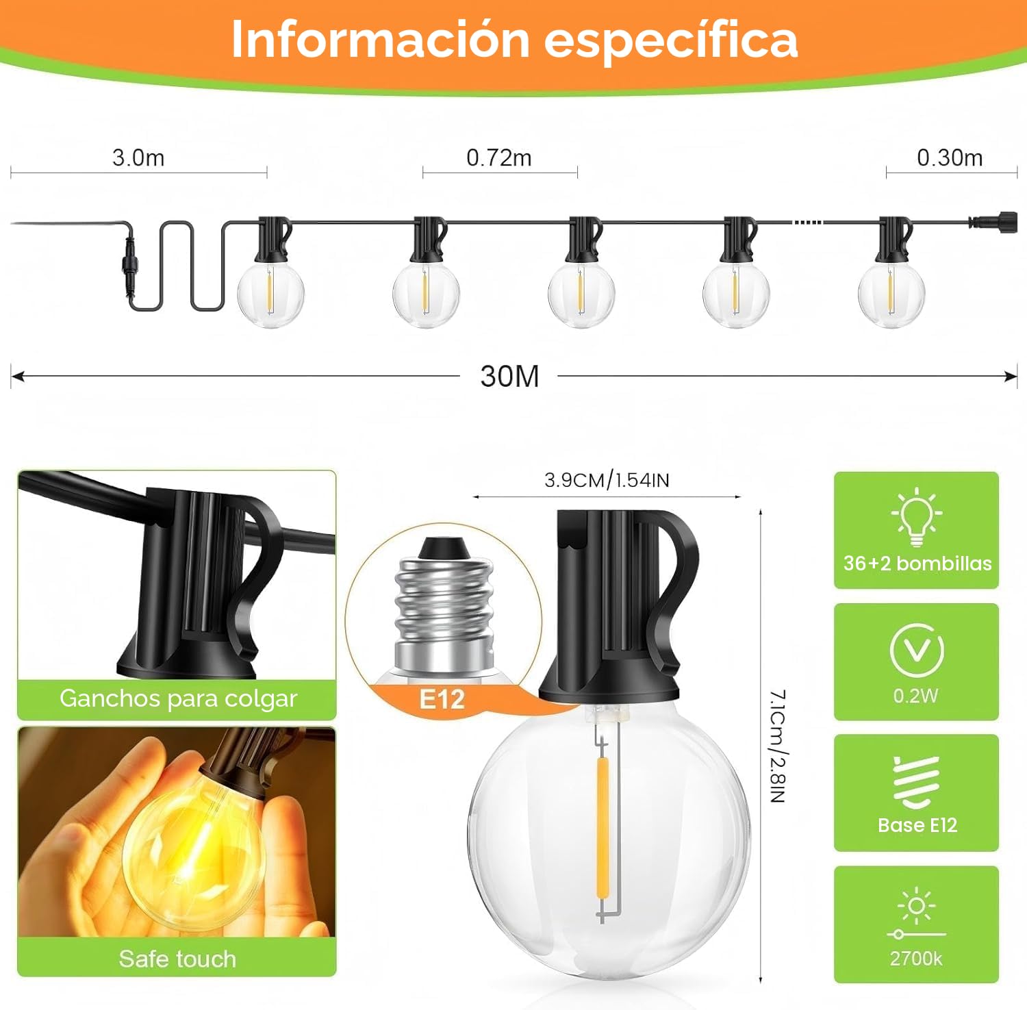 Guirnaldas Luces Exterior Jardín - 30M LED Cadena de luz G40 Bombillas, IP44 Impermeable Dimmable Guirnalda iluminacion de exteriors lampadas terraza Patio Pergolas
