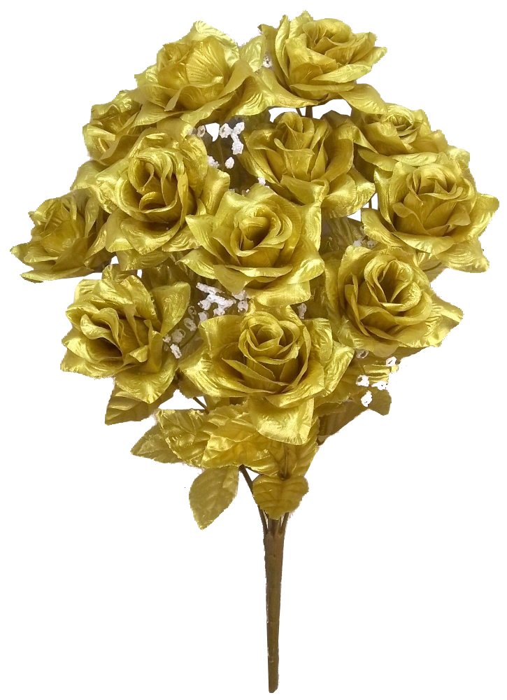 Admired By Nature GPB293G-GOLD 12 Stems Artificial Satin Rose Flowers Bush, Gold