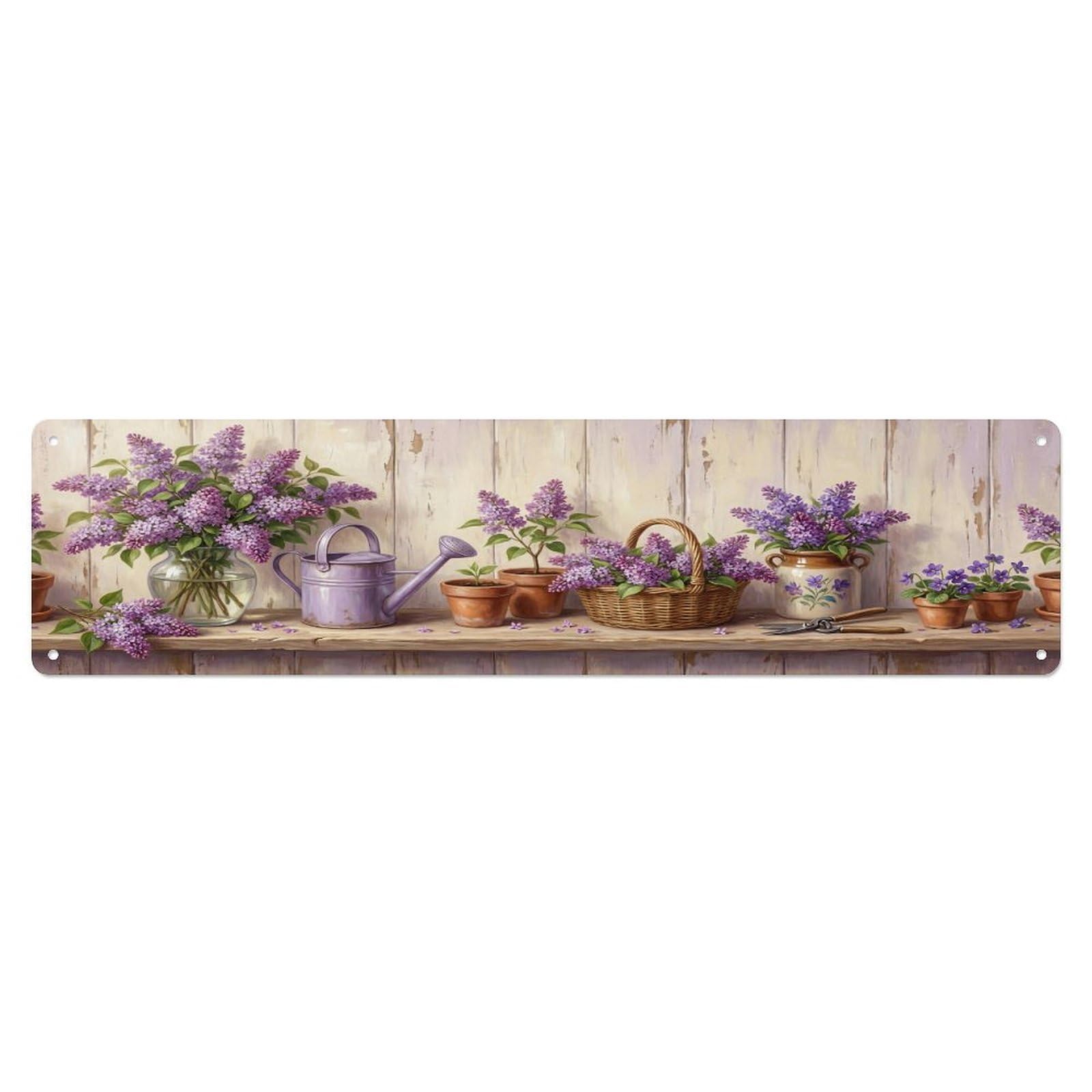 Okahys 4X16inch(10X40cm) Floral Garden Tools Lilac Window Pattern Print Metal Tin Sign