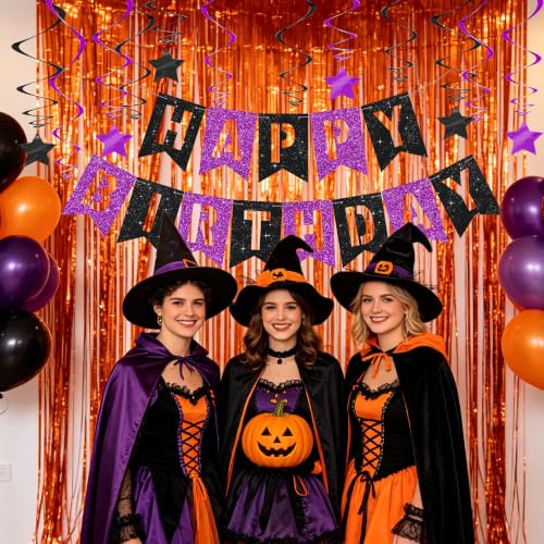 Image of BEISHIDA Black Purple Happy Birthday Banner with Stars for Kids Women Men Birthday Decor
