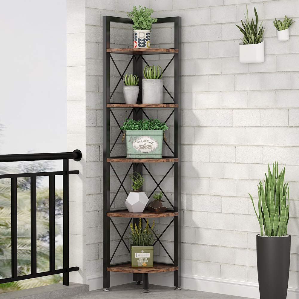 Tribesigns 5 Tier Corner Shelf, Rustic Corner Bookshelf Small Bookcase ...