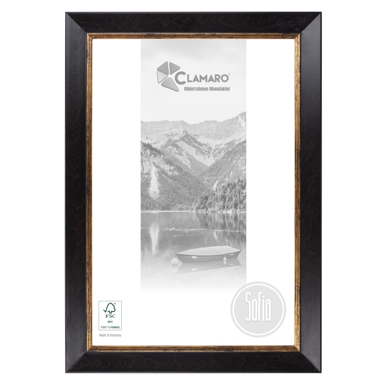 CLAMARO "Sofia" ramka na zdjęcia w stylu antycznym (DIN A4), 21 x 29,7 cm, lite drewno, ciemnobrązowa, szerokość 50 mm, shabby chic, vintage, barokowa listwa, drewniana rama w zestawie szkło akrylowe