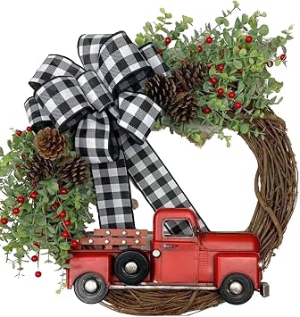 Red Truck Winter Wreath,16 in Christmas Door Wreath with Truck,Plaid Bows,Berries,Pine Cone and Green Plants,Vintage Red Truck Christmas Decor,Plaid Bow Xmas Wreaths,Xmas Door Hanger Red