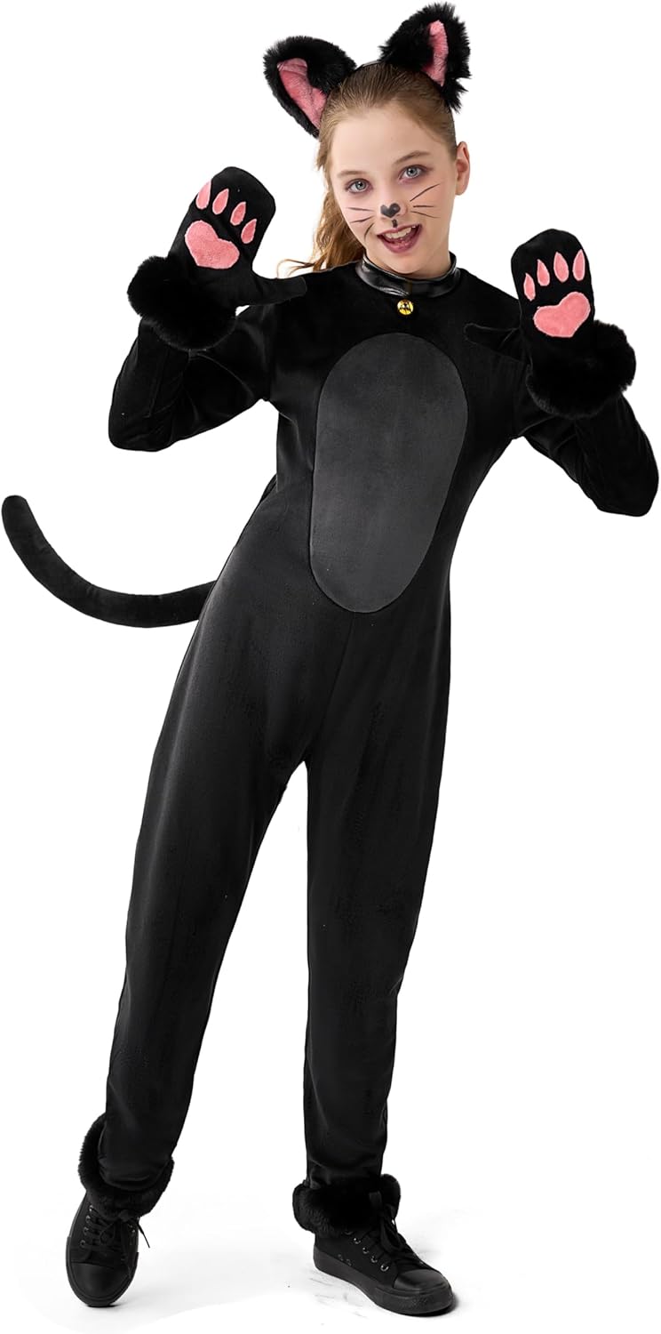 Spooktacular Creations Girls Cat Costume, Black Cat Plush Costume, Child Outfit Set for Kids Halloween Role Play Themed Party X-Large(12-14 yrs)